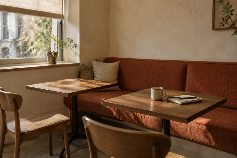 Generic cafe workspace with a fabric banquette and walnut tables