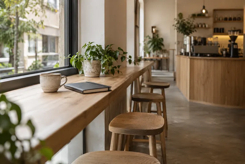 Generic cafe workspace with a wooden window counter