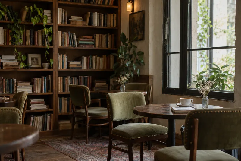 Generic cafe workspace with bookshelves and wooden tables