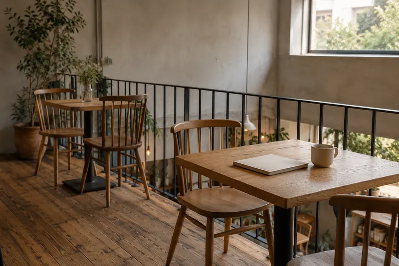 Generic cafe workspace on a quiet mezzanine