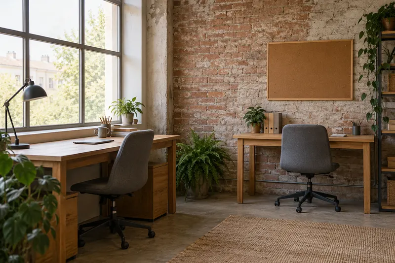 Generic coworking interior with a brick wall and separate desks