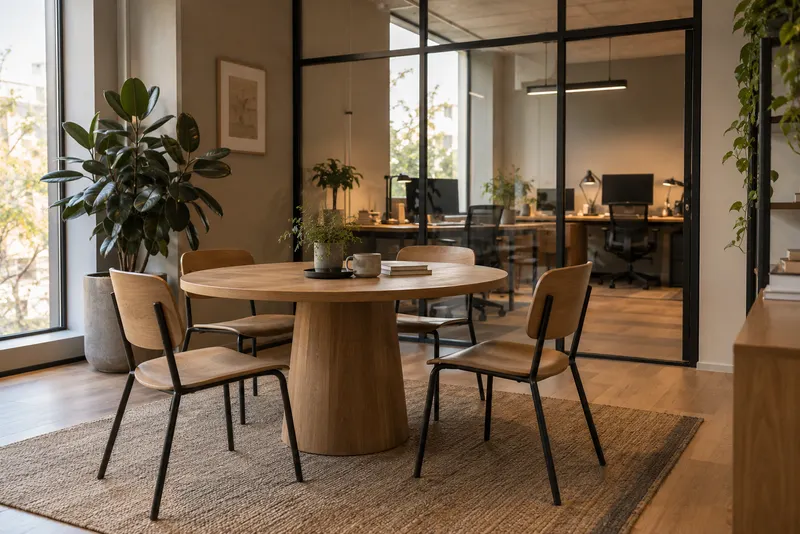Generic coworking interior with a round collaboration table