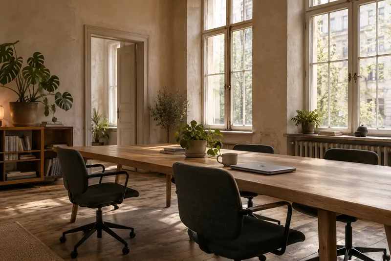 Generic coworking interior with a shared desk by tall windows
